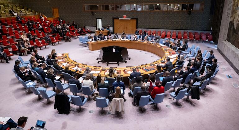 会议期间联合国安理会会议室的广景观,代表坐在标志性的马形桌子周围.